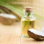 coconut oil slice coconut wooden table