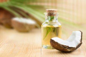 coconut oil slice coconut wooden table