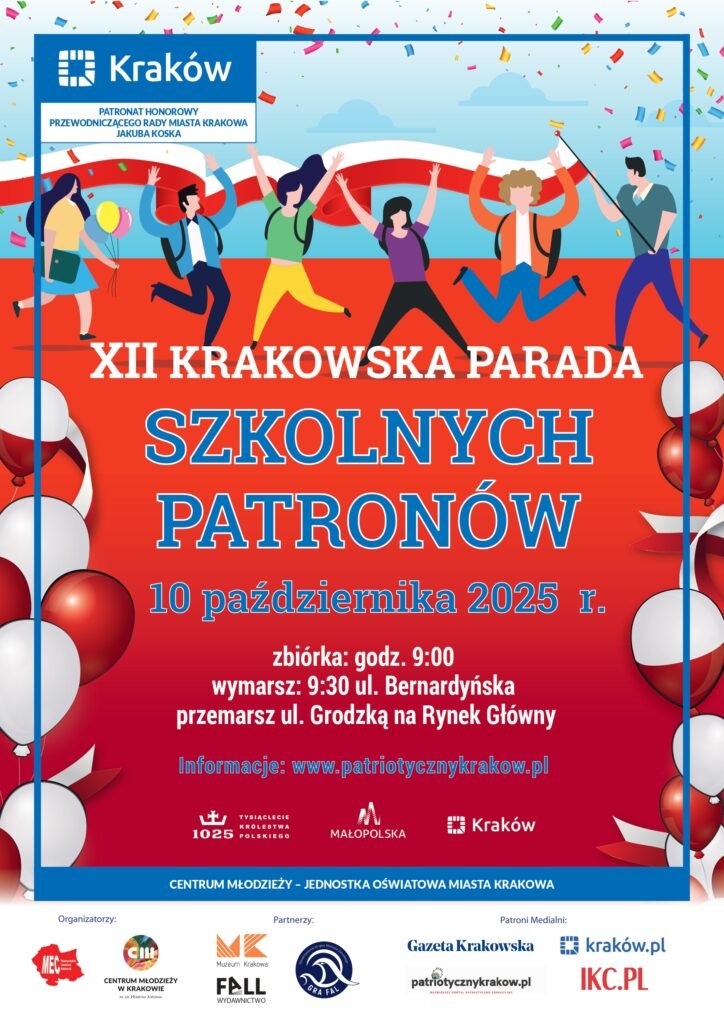 Kraków: w piątek Parada Szkolnych Patronów 22 plakat parada A3 2025 blue ramka patronat 1 page 0001